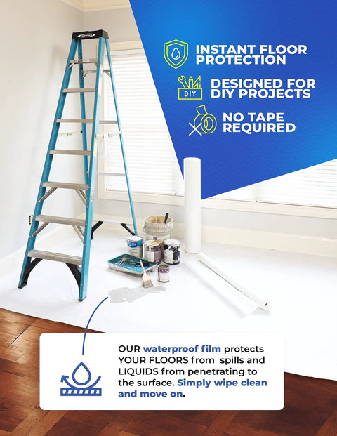 Temporary Floor Protection For Construction 39.5 Inch By 100 Foot Self Adhesive No Tape Required Easy To Install Reusable Floor Covering Paint Proof DIY Projects 329 Square Feet Of Coverage roll next to a ladder and paint cans on hardwood floor.