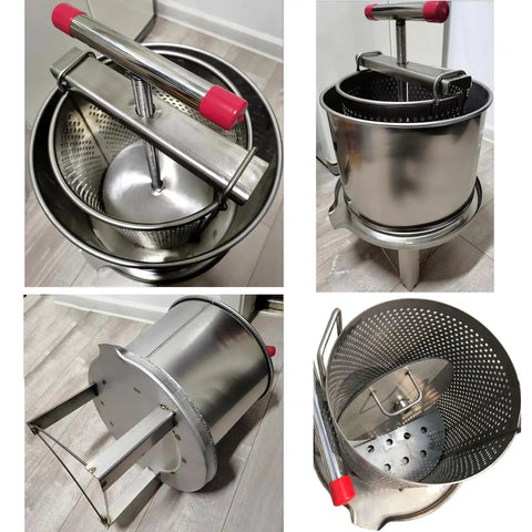 Built Different Manual Honey Press And Beeswax Extractor With Hella Tough Stainless Steel Body Includes Three Nylon Filters for hassle-free olive oil and juice extraction.