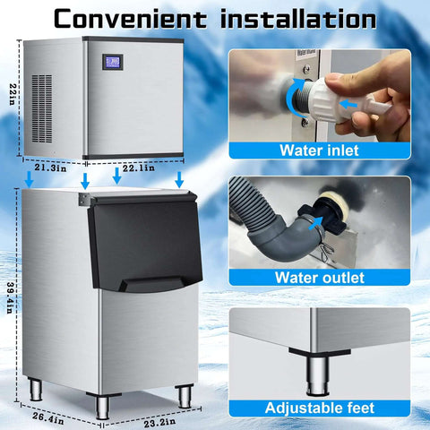 Commercial Ice Maker Machine 500 Lbs Per Day With 350 Lb Storage Bin Stainless steel ice maker with diagrams for installation