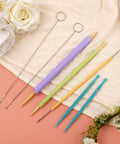 10 Piece Quick Turn Fabric Sewing Tools Set for Loop and Tube Turners and Threaders Perfect for Sewing Threading Crafting and DIY Projects Multifunctional Fabric Turning Tools for Fast and Easy Use displayed on a fabric background.