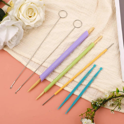 10 Piece Quick Turn Fabric Sewing Tools Set for Loop and Tube Turners and Threaders Perfect for Sewing Threading Crafting and DIY Projects Multifunctional Fabric Turning Tools for Fast and Easy Use displayed on a fabric background.