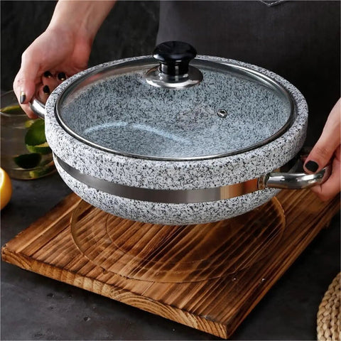 Stone Bowl With Induction Base And Glass Lid, Thick Granite Stoneware On Wooden Stand, Keeps Bibimbap Hot, 11 Inch