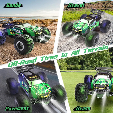 Rad All Terrain RC Monster Truck Off Road 2WD Hobby Car With Dual Rechargeable Batteries And Colorful LED Lights in various terrains