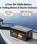 36V 100Ah LiFePO4 Battery With Bluetooth Low Temp Protection on boat deck, designed for trolling motors, marine use