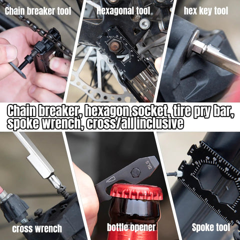 23 In 1 Bicycle Repair Tool Set Portable Magnetic Multitool With Tire Levers, Chain Cutter, Hex Wrenches, Spoke Wrenches in use