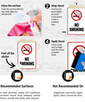 Instructions for using Straight Up Heavy Duty Aluminum No Smoking Sign for your company setup, showing alignment and adhesion steps.