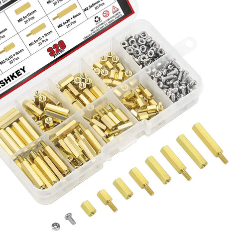 320 Piece Brass Spacer Standoff Kit With Male And Female Hex Spacers Nuts And Stainless Steel Screws For M2.5 Hardware Projects