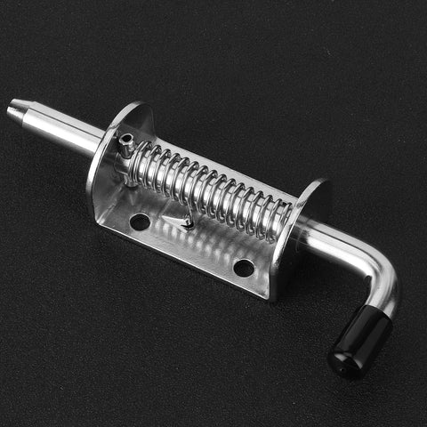 Marine-grade stainless steel drum spring latch for boats, base plate with mounting holes and black handle.