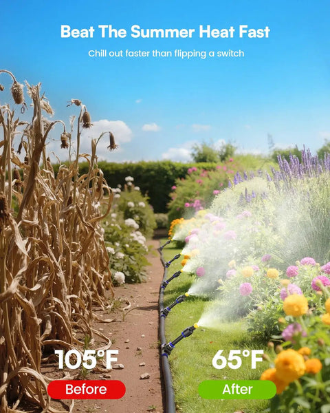 Comparison of garden before and after using Outdoor Misting System Kit with Water Filter, 59 Ft Misting Line and 17 Premium Nozzles.