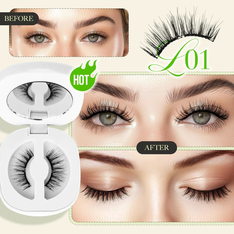 Magnetic Eyelashes Kit With Reusable Soft Lashes And Applicator showing before and after results on eyes
