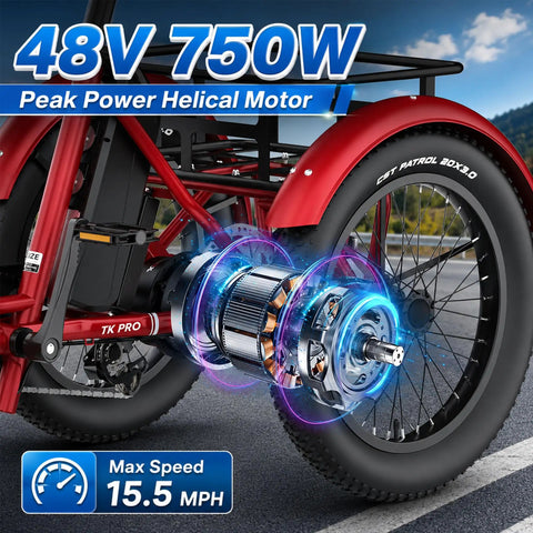 Electric Tricycle For Adults TK Pro Folding Electric Trike With 20 Inch Wheels, 48V 20Ah Battery With 21700 Cells, Removable Battery For Easy Charging, Fast Charge, Real World Range 35 To 60 Miles, Smooth Ride red rear wheel and motor close-up