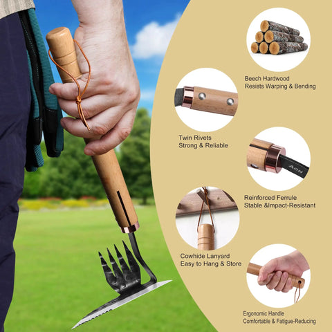 Person holding Next Gen Japanese Weeding Sickle And Razor Hand Hoe For Digging Weeding And Uprooting in vegetable gardens and raised beds.