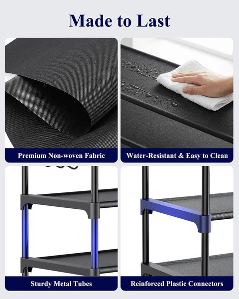 Go-To Heavy Duty 10 Tier Shoe Rack, Tall Entryway Organizer Holds Up To Forty Pairs, Built-In Side Hooks For Backpacks And Daily Essentials, Roomy Floor Shelf Stand In Matte Black, showcasing premium non-woven fabric and sturdy metal tubes.