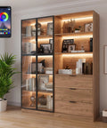 Walnut Display Cabinet With Glass Doors And Three Drawers App Controlled LED Lights Tall Bookcase in living room setup
