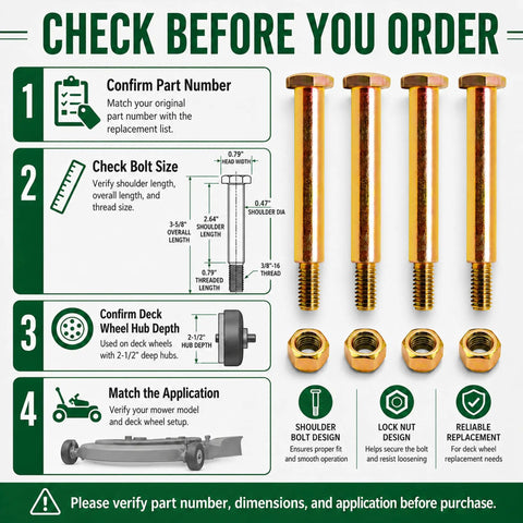 Quick Fix No Sweat Heavy Duty Deck Wheel Shoulder Bolts With Lock Nuts Solid Lawn Mower Repair installation guide and specs.