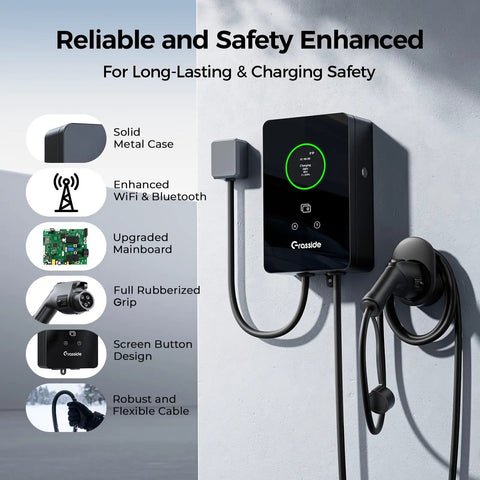 Heavy Duty 48 Amp Level 2 EV Charger With 25 Ft Cable Hardwired 240V Wall Station J1772 Standard 11.5 Kw Fast Charging mounted on wall.