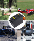 MG996R Metal Gear Digital Servo Motor 6 Pack with RC helicopter, car, boat, and robot use shown