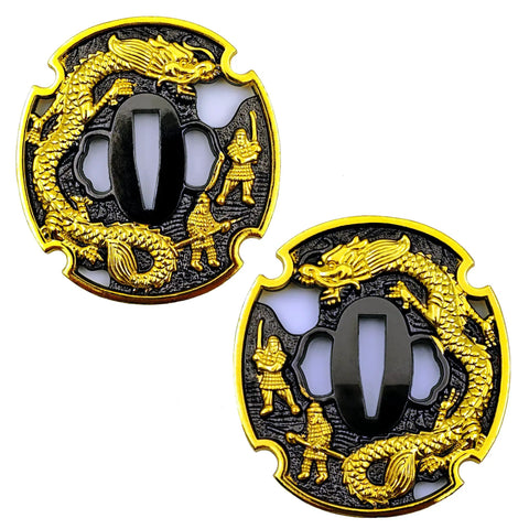 Katana Tsuba Set Alloy Samurai Sword Guard With Gold And Black Dragon Finish Electroplated Hand Guard