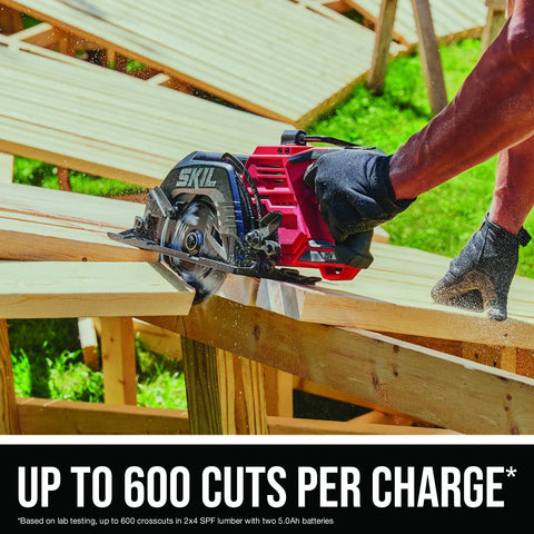 Heavy Duty Seven Quarter Inch Cordless Circular Saw Featuring Rear Handle And Brushless Motor cutting through lumber on a worksite.