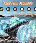 Amphibious 4WD RC Car And Boat Hybrid With Waterproof Design Rad 360 Degree Spin with colorful lights by rocky stream.
