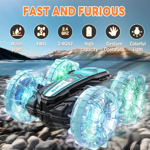 Amphibious 4WD RC Car And Boat Hybrid With Waterproof Design Rad 360 Degree Spin with colorful lights by rocky stream.