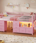 Twin Size Low Loft Bed With 7 Storage Drawers, Bookcase, And LED Lights, Metal Kids Loft Bed With 14 Inch Guardrail, Inclined Ladder, Play Curtain, Pink