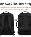 Go-To 45L Carry-On Backpack For Men And Women with hideaway shoulder straps feature, back view showing strap storage compartment.