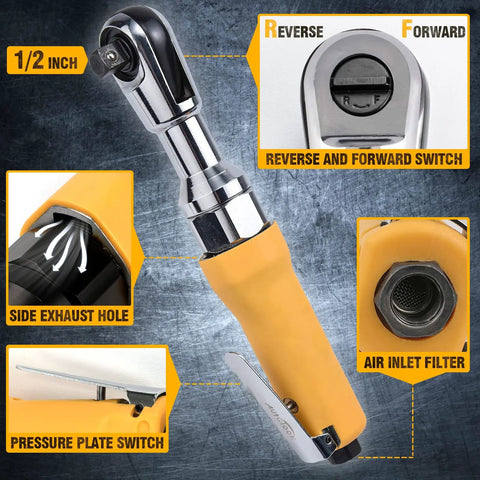 1/2-Inch Air Ratchet Wrench For Auto Maintenance And Repair, Pro Pneumatic Ratchet With 60 Ft-Lbs Torque, 250 RPM, detailed features