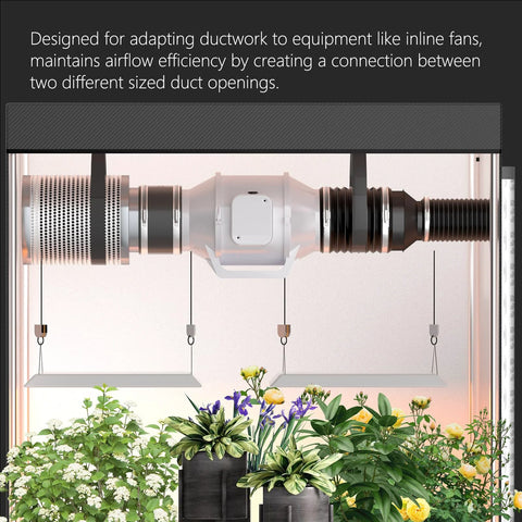 4-to-3 inch duct reducer installed in grow tent ventilation with inline fan and black ducting