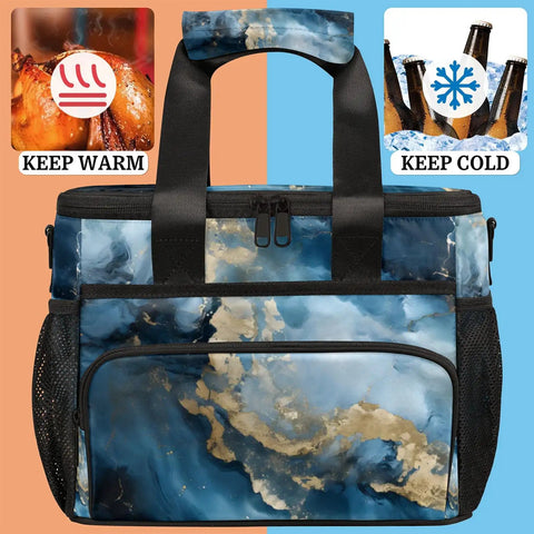 Insulated Picnic Backpack With Marbling Texture, Portable Lunch Bag for work, beach, camp, or travel, black handle detail