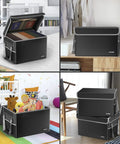 Fireproof File Box Safe Organizer with lid, storing documents and toys, in office and home settings, black, heavy duty, collapsible.