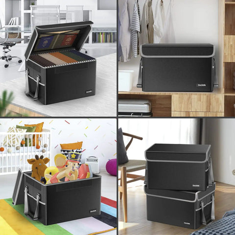 Fireproof File Box Safe Organizer with lid, storing documents and toys, in office and home settings, black, heavy duty, collapsible.