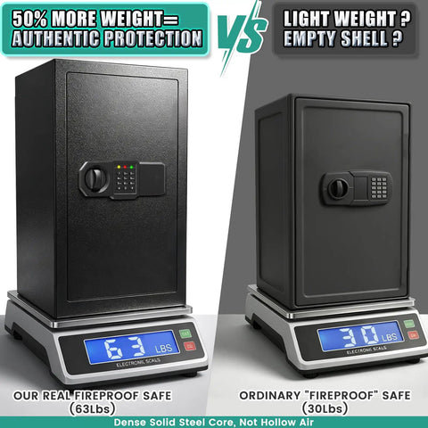 Comparison of 6.5 Cu Ft Fireproof Waterproof Home Safe With Combination Lock Anti Theft Alarm and ordinary safe on scales.
