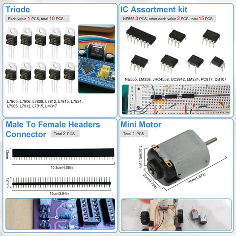 1780 Piece DIY Electronics Kit With Resistors Capacitors LED Diodes Transistors ICs Dupont Wire Breadboards PCBs