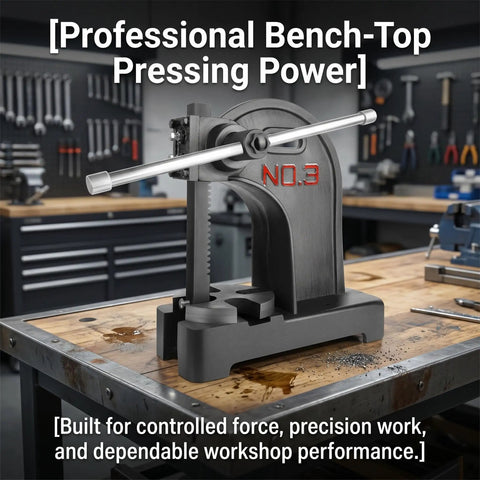 Built Like A Tank 3 Ton Manual Arbor Press With Smooth Pressure Adjustment And 12 Inch Clearance For Benchtop Garage Shop Metal Fabrication Rock Solid Precision Hand Tool on workbench.