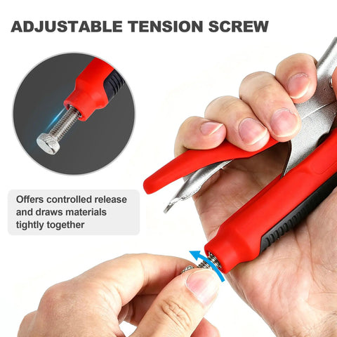 Close-up of adjustable tension screw on the Locking Pliers Set Four-Piece With Heavy Duty Anti-Pinch Non-Slip Grip Curved Jaw.
