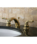 Victorian Mini Widespread Lavatory Faucet With Pop Up Drain, Polished Brass, Solid Brass Construction, Washerless Cartridge displayed