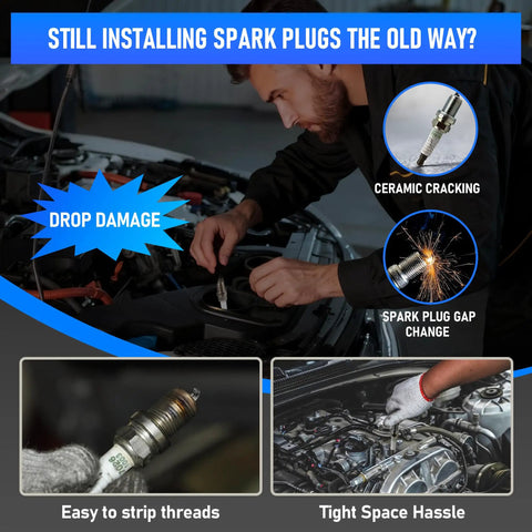 Mechanic using Magnetic Spark Plug Socket Set With Installation Tube And Ten Inch Extension Bar Three Eighths Inch Click Torque Wrench Spark Plug Gap Tool Magnetic Swivel Sockets With U Joint Twelve Piece to install spark plugs in engine