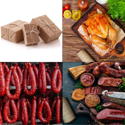 Beige 1Mm 3 Ply Butchers Twine Cotton Cooking String Oven Safe Food Grade Non Toxic High Temperature Resistant 145m 476ft Rope For Roasts Turkeys Sausage And Kitchen Crafts Perfect For Parcel And Decor shown in use with parcels, roast chicken, sausages, and cured meats in a kitchen setting.