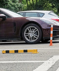 Heavy Duty Steel Bollard For Driveways And Parking Lots with cars; high visibility yellow barrier pole for traffic control