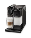 Straight Up Solid One Touch Espresso Machine With Built In Milk Frother brews cappuccino, showcasing glass cup and sleek black design.