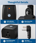 Ultimate Outdoor String Light Dimmer With Hella Smooth Stepless Slider For 10 To 100 Percent Brightness Control and features LED indicator, flat plug and grounded outlet.