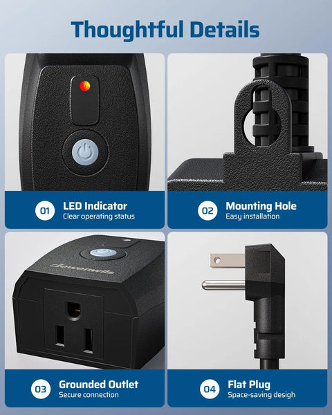 Ultimate Outdoor String Light Dimmer With Hella Smooth Stepless Slider For 10 To 100 Percent Brightness Control and features LED indicator, flat plug and grounded outlet.