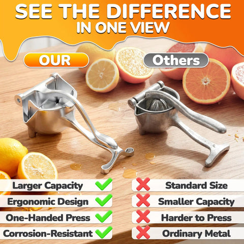 Hand Press Citrus Juicer For Lemons Limes Oranges Aluminum Alloy Ergonomic Handle Heavy Duty Manual Fruit Squeezer Easy Clean Portable Bar Tool displayed with comparison to standard juicer.