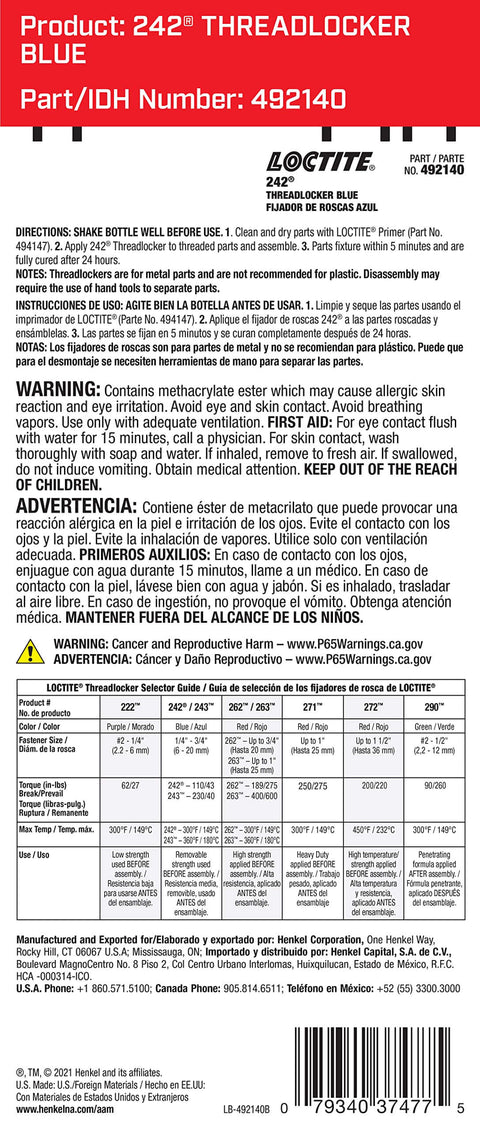 Label of Blue Medium Strength Thread Locker For Automotive And Metal Projects Pro Grade 36 Ml 1 Pack with safety instructions and IDH number.