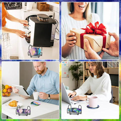 8 Piece Diamond Art Coaster Kit With Holder Dope Landscape Themed DIY Art Coasters For Drinks Beginners Friendly Craft Supplies For Adults Perfect Birthday Gift And Creative Home Decor visible on table with coffee machine, gift exchange, and desk usage setups