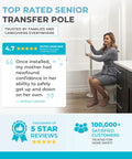 Woman using Floor To Ceiling Grab Bar With Single Handle No Drill Tension Mounted Transfer Pole for support in bathroom