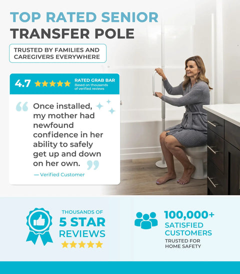Woman using Floor To Ceiling Grab Bar With Single Handle No Drill Tension Mounted Transfer Pole for support in bathroom
