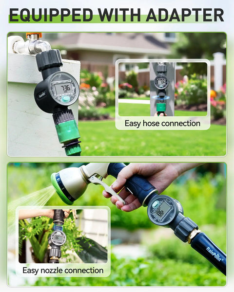 Super Handy Water Flow Meter With Five Percent Accuracy For RVs, Garden Hoses, Pools, attached to hose and showing reading