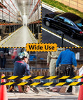 Collage showing Six Rolls Black And Yellow Caution Tape 2In By 108Ft Floor Marking Tape For Clear Pathways And Safety Zones in various settings.